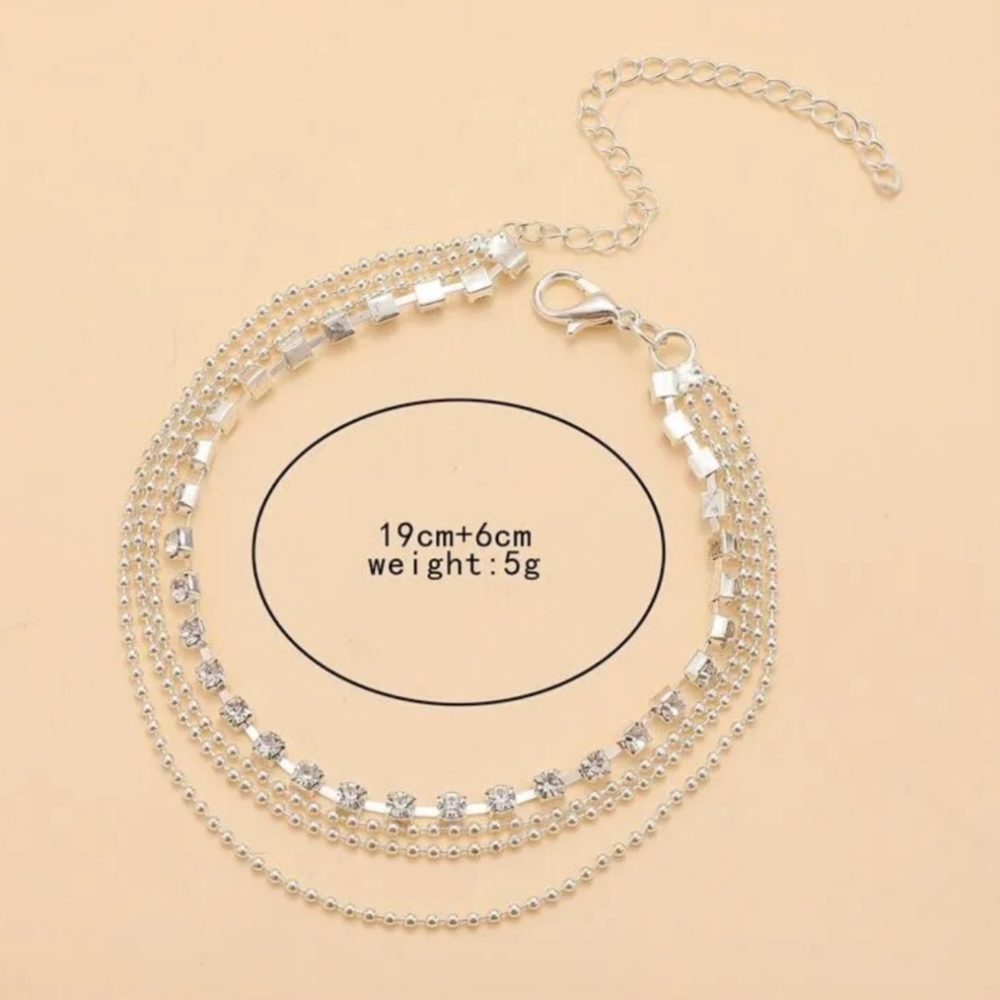 Silver Beaded Rhinestone Chain Tiers Tiered Layered Tennis Ankle Bracelet Anklet - Picture 15 of 16